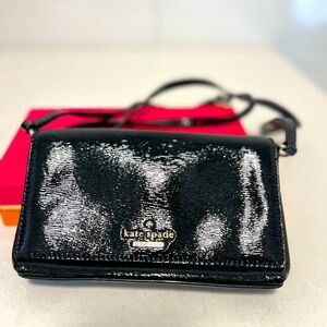 Black textured patent leather Kate Spade cross body purse with shoulder strap